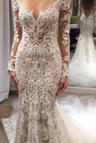 Romantic Long Lace Backless Long Sleeves Mermaid Ivory Wedding Dresses OK599