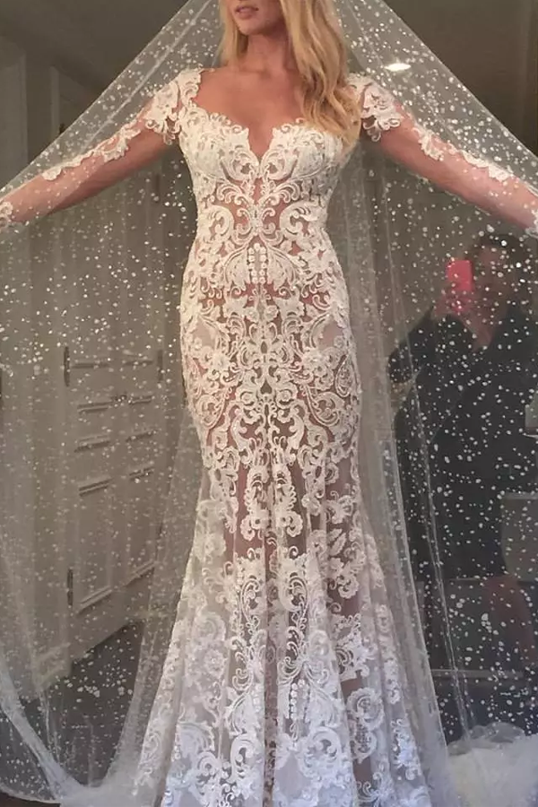 Romantic Long Lace Backless Long Sleeves Mermaid Ivory Wedding Dresses OK599
