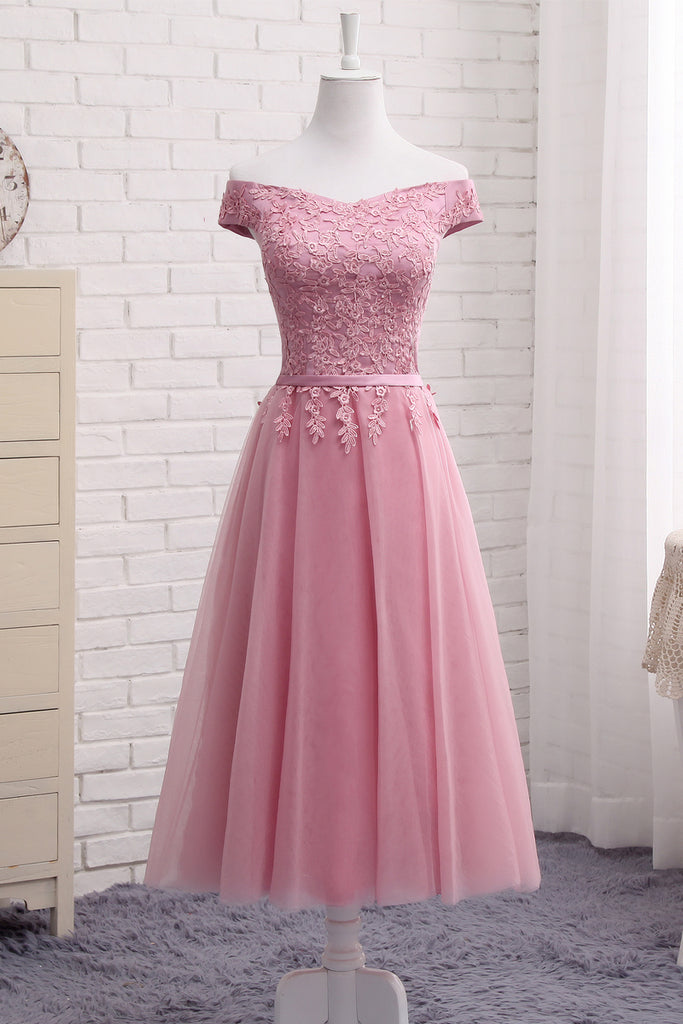 Cute A Line Lace Off Shoulder Prom Dress,Lace Evening Dress,Pink Junior Homecoming Dresses OK356