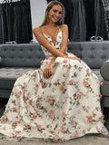 A Line V Neck Spaghetti Straps Floral Long Prom Dress,Junior Graduation Dress OKJ35