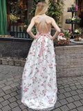 A Line V Neck Spaghetti Straps Floral Long Prom Dress,Junior Graduation Dress OKJ35