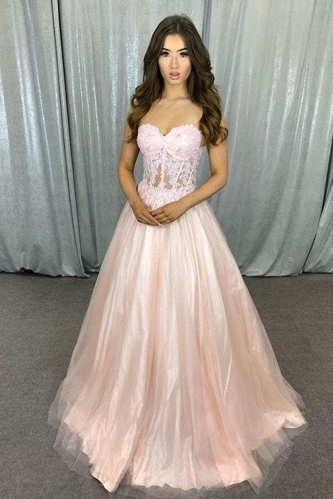 New Arrival Pink A-Line Tulle Sweetheart Long Prom Dresses With Appliques OK1799