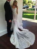 Off the Shoulder Short Sleeves Court Train Mermaid Wedding Dresses with Appliques Lace OKF75