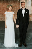 A-line Bateau Cap Sleeves Open Back Bohemian Wedding Dress with Lace OKR21