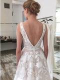 A-line V-Neck Backless Sweep Train Ivory Wedding Dress with Appliques OKR20