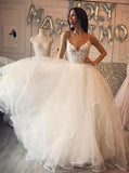 Ivory A-Line Spaghetti Straps Tulle Cheap Wedding Dresses with Lace OKF90