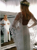 Sheath V-Neck Backless Wraps Lace Beach Wedding Dress with Split OKR34