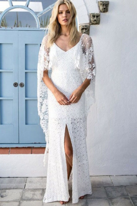 Sheath V-Neck Backless Wraps Lace Beach Wedding Dress with Split OKR34