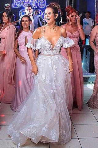 Elegant A-Line Cold Shoulder Lace Beach Wedding Dresses with Ruffles Appliques OKF88