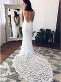Mermaid V-Neck Backless Court Train Lace Wedding Dress with Split OKR38