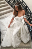 A-line Off-the-shoulder Sweep Train Off White Wedding Dress with Appliques OKR14