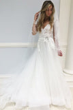 A-line V-Neck Long Sleeves Sweep Train Elegant Wedding Dress with Lace Appliques OKR15