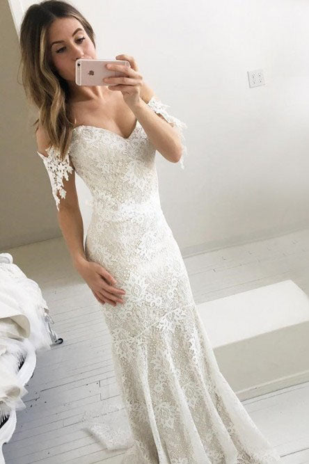 Mermaid Off-the-shoulder Backless Sweep Train Ivory Lace Wedding Dress OKR33