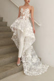 Illusion Round Neck High Low Wedding Jumpsuit with Appliques OKL62