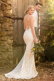 Mermaid Spaghetti Straps Backless Ivory Lace Wedding Dresses Elegant Bridal Dress OKL61