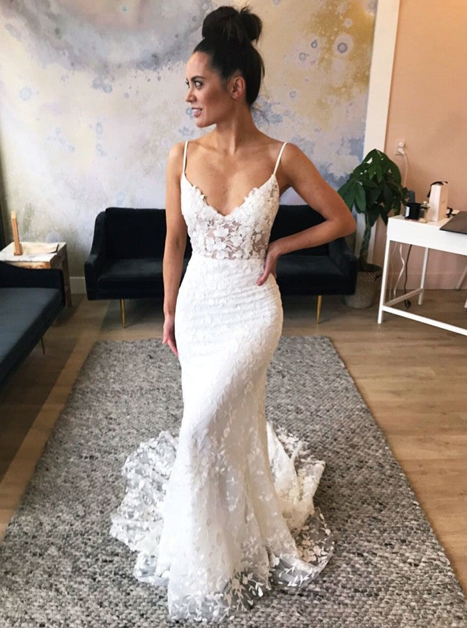 Mermaid Spaghetti Straps Lace Wedding Dresses with Appliques OKL57