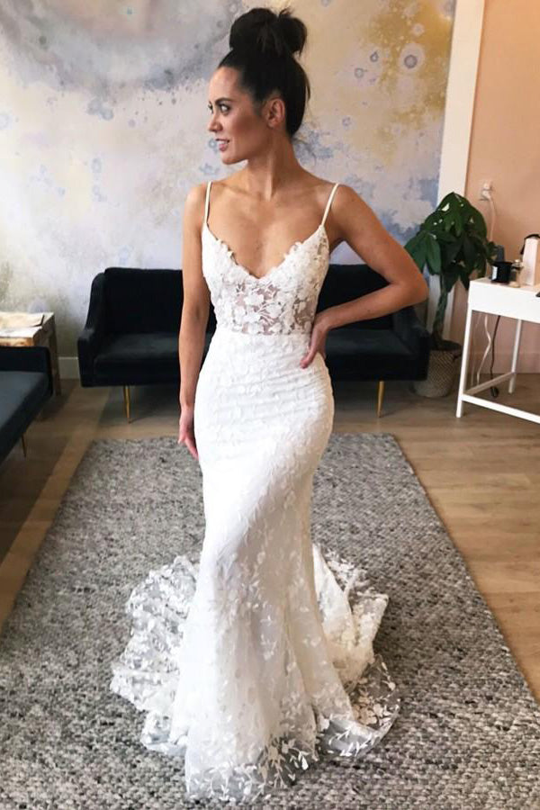 Mermaid Spaghetti Straps Lace Wedding Dresses with Appliques OKL57