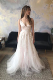 A-Line V-Neck Sweep Train Pearl Pink Wedding Dresses with Appliques OKM31