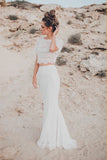 Two Piece Crew Short Sleeves White Lace Mermaid Wedding Dresses OKL54