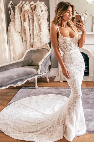 Mermaid Spaghetti Straps Lace Wedding Dresses Bridal Gown OKL52