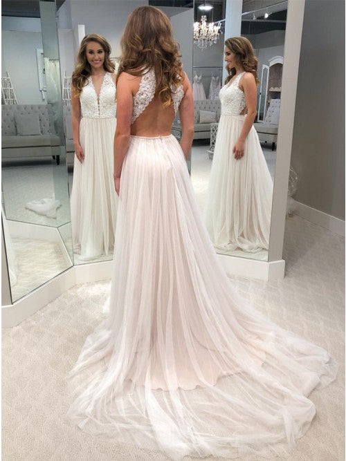 A-Line V-Neck Open Back Tulle Wedding Dresses with Lace Bodice OKK46