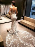 Mermaid V-Neck Backless Court Train Wedding Dresses with Lace Appliques OKK47