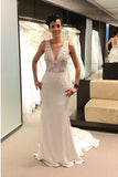 Mermaid V-Neck Backless Court Train Ivory Wedding Dresses with Lace OKL10
