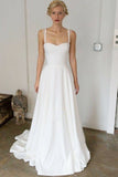 A-Line Spaghetti Straps Sweep Train Satin Simple Wedding Dress OKR74