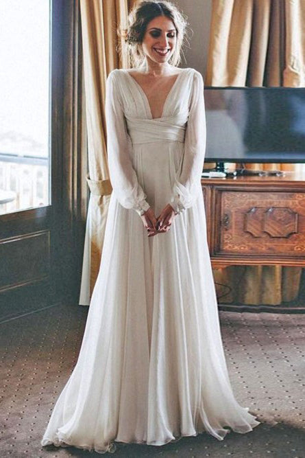 A-Line V-Neck Long Sleeves Floor Length Chiffon Beach Wedding Dress OKR79