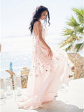 A-Line Halter Backless Light Pink Chiffon Beach Wedding Dress with Appliques Ruffles OKR83