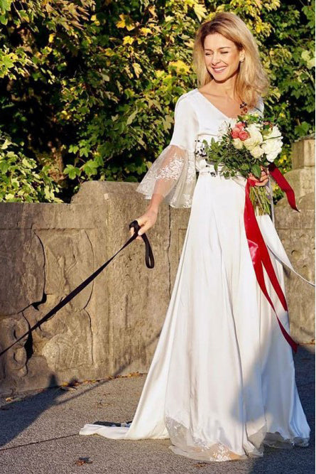 A-line V-Neck V Back 3/4 Sleeves Satin Boho Wedding Dress with Lace OKS27