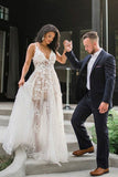 A-line Spaghetti Straps Floor-Length V Neck Wedding Dress with Appliques OKS28
