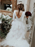 A-line Bateau Long Sleeves Ruffles Tulle Elegant Wedding Dress OKS30