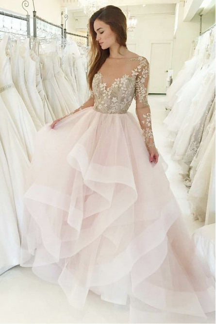 Princess A-line Bateau Long Sleeves Pink Wedding Dress with Appliques OKS34