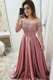 Burgundy Off Shoulder A Line Prom Dresses, Lace Top Cheap Evening Gown OKJ68