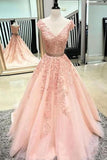 A Line V Neck Blush Pink Prom Dress, Appliques Evening Dress OKJ41