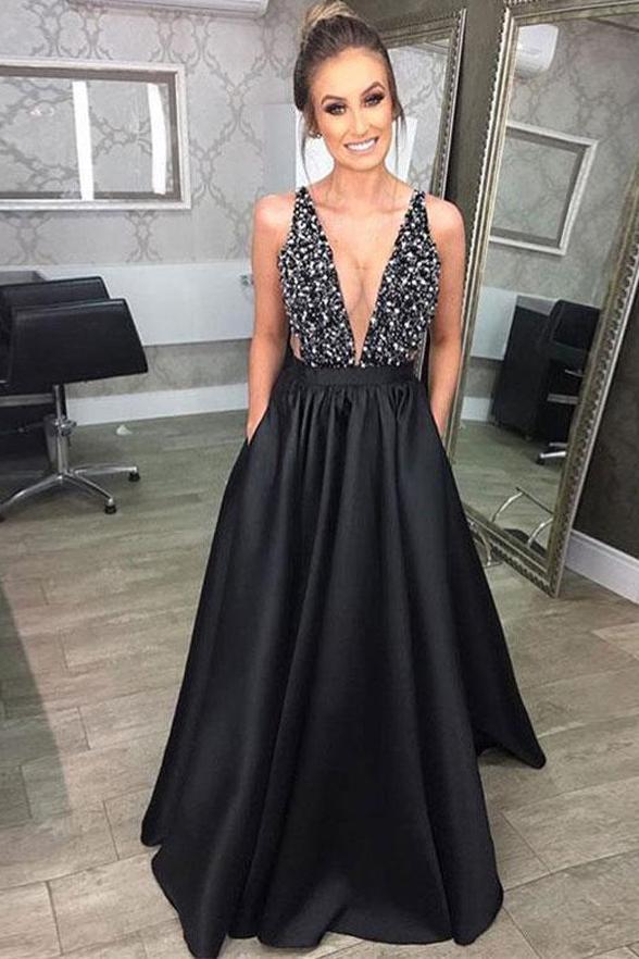 Black Deep V Neck Beading Prom Dresses, A Line Evening Dresses With Pockets OKJ46