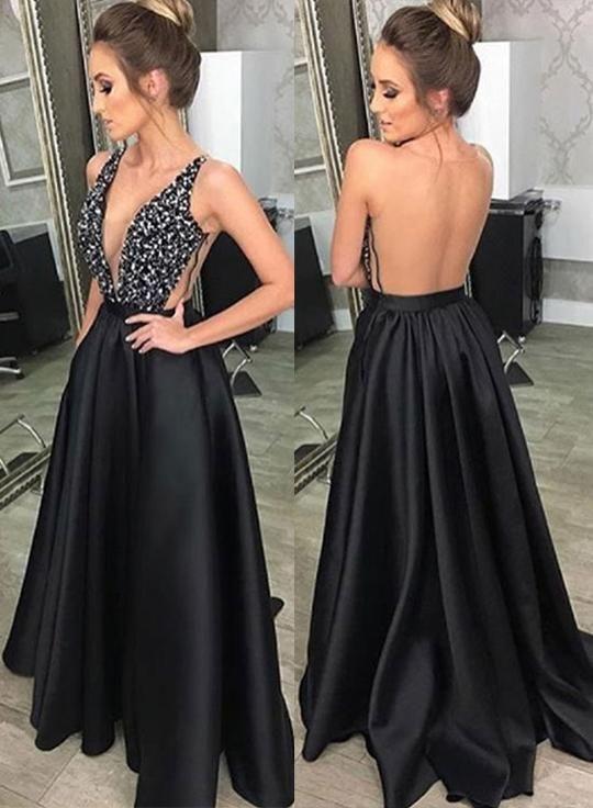 Black Deep V Neck Beading Prom Dresses, A Line Evening Dresses With Pockets OKJ46