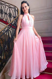 Pink Chiffon High Neck Simple Prom Dress, Graduation Dresses OKJ74