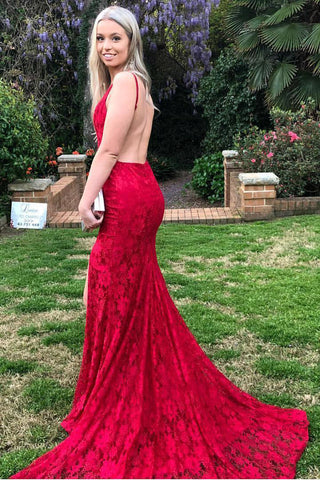 Red Lace Spaghetti Strap Backless Prom Dress, Mermaid Prom Dress OKJ79