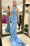 Mermaid Sky Blue Prom Dress With Lace, Long Formal Evening Dress OKJ83