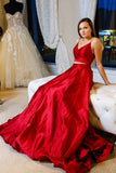 Two Pieces Red Simple Prom Dress, Long Cheap Evening Dress OKJ84