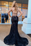 Mermaid Lace Spaghetti Straps Prom Dresses, Long Navy Formal Evening Dresses OKJ53