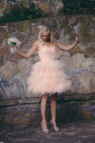 Knee Length Blush Colored Layered Tulle Short Ruffles Wedding Dress OK557