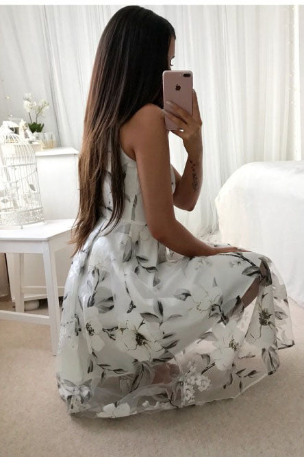A-Line V-Neck Printed Tea Length Prom Dresses with Pleats OKL40