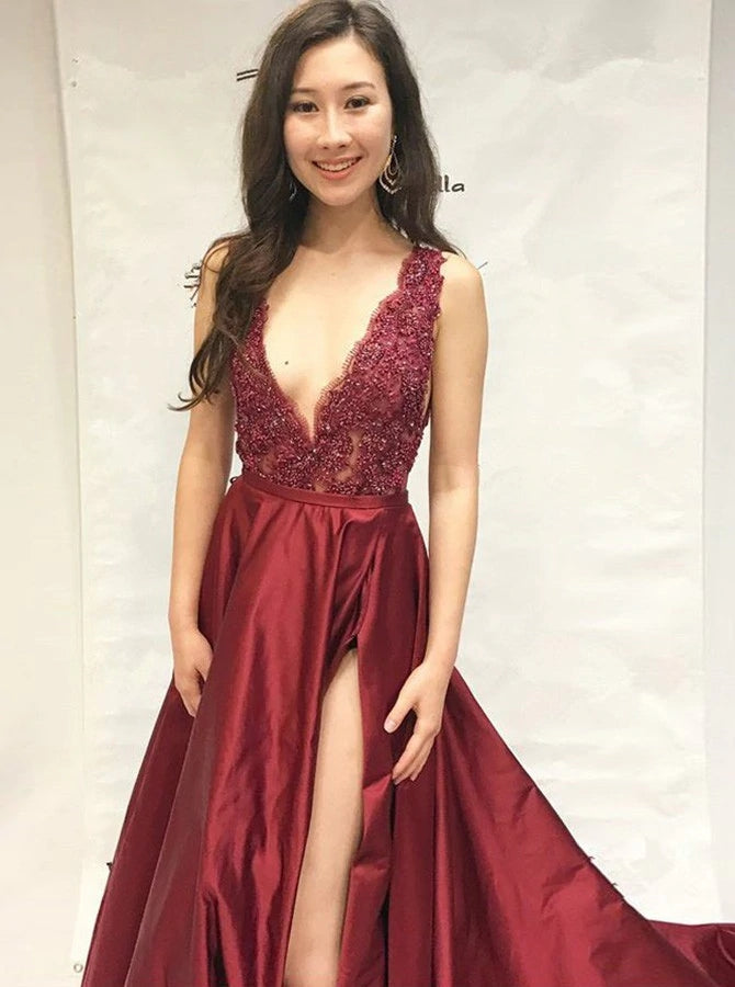 Sexy Burgundy Beading Slit Skirt Evening Dress, Graduation School Party Gown OKI86