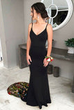 Mermaid Spaghetti Straps Sweep Train Black Prom Dresses with Floral Embroidery OKK65