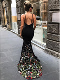 Mermaid Spaghetti Straps Sweep Train Black Prom Dresses with Floral Embroidery OKK65