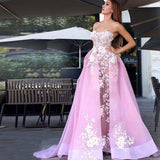 New A-Line Sweetheart Sweep Train Pink Tulle Prom Dresses with Lace Appliques OK901