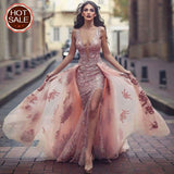 Charming Sweep Train Deep V Neck Pink Tulle Prom Dresses with Lace Appliques OKA18